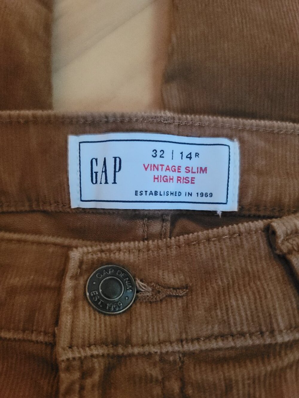 Gap Vintage Slim High Rise Women's Size 32 14R Corduroy Pants Tan Brown